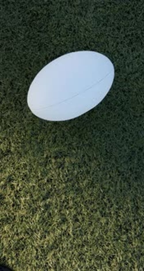 Vertical video: Rugby ball resting on green grass, ready for outdoor sports action