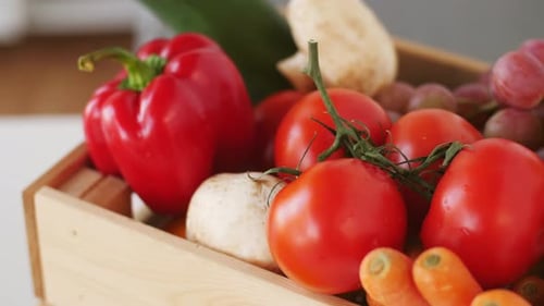 Cooking, Vegetarian Food and Healthy Eating Concept - Wooden Box of Fresh