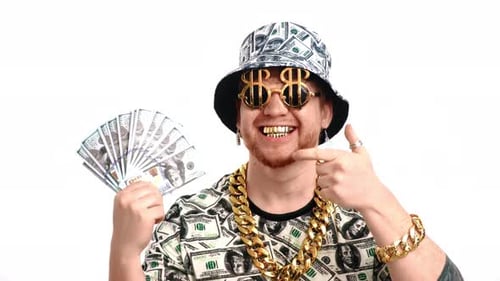 Enthusiastic Adult with Money and Jewelry