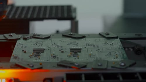 Gros plan du contexte industriel avec une carte de circuit imprimé assemblée avec un robot automatisé