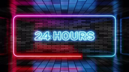 Animated Neon Sign 24 Hours Text on Brick Wall