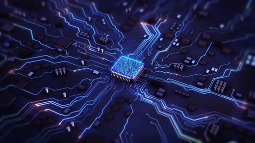Futuristic Circuit Board Animation with Glowing Processor and Data Flow