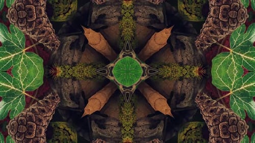 Organic Kaleidoscope Pattern with Autumn Leaves and Forest Elements