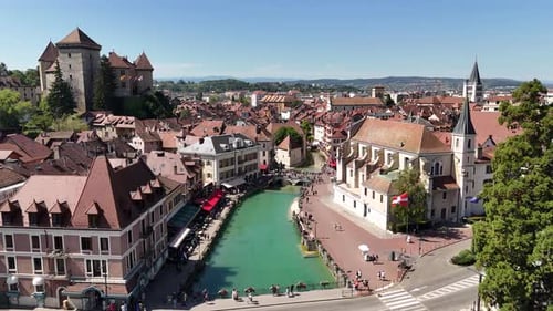 Drone shot of Annecy, a picturesque town by Lake Annecy, France