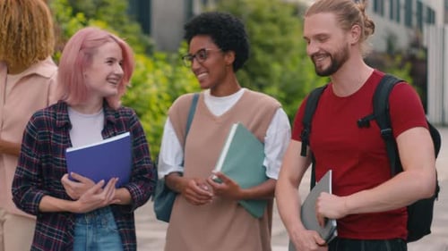 Happy Diversity Multiracial Students Diverse Multiethnic Friends Outdoors Near University Campus