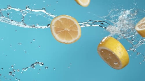Slices of Lemon Falling Through Splashing Water
