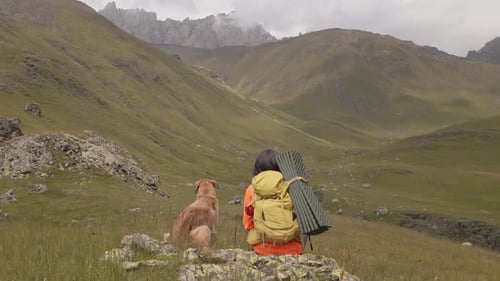 Person Sitting with Dog in Mountainous Landscape