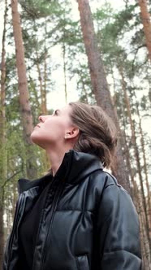 Schöne Frau wandert im Wald und streckt die Hände zu den Bäumen Konzept Freiheit und Harmonie