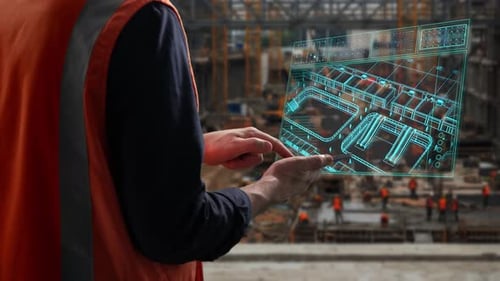 Ein professioneller Techniker untersucht sorgfältig die schematischen Details inmitten geschäftiger Bauarbeiten für