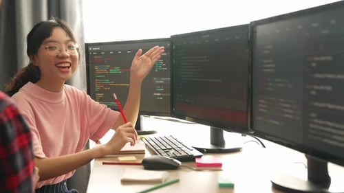 Slow motion back end software developer engineer writing code. Burgeoning