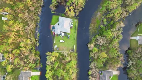 Surrounded By Hurricane Ian Rainfall Flood Waters Homes in Florida Residential Area