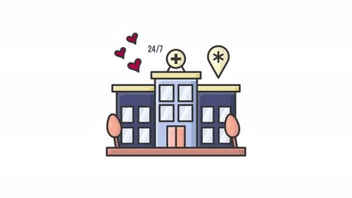 Animated Hospital Building Icon with 24/7 Service and Hearts