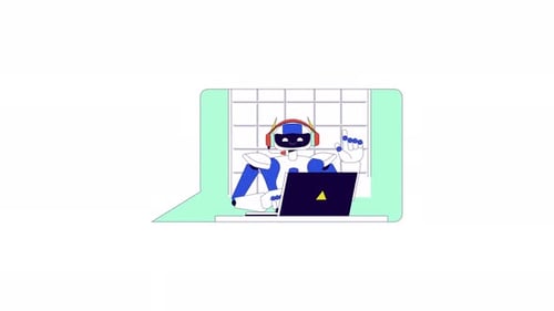 Robot with headset at laptop line 2D character animation