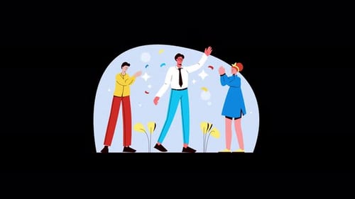 Flat Design Animation of Celebrating People and Confetti