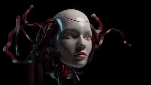 3D Futuristic Cyborg Head with Glowing Neural Wires Animation