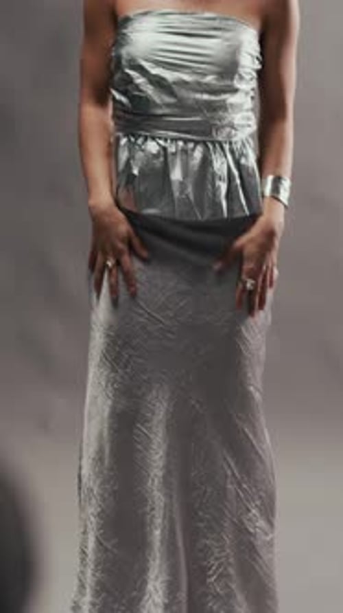 Elegant Woman in Silver Dress Posing in Studio