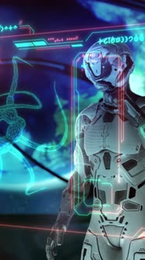 Futuristic Figure Interacting with Holographic Data Interface
