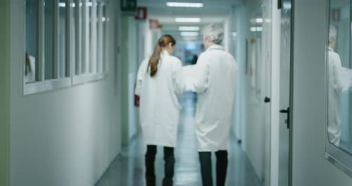 Health Workers Walking Down Modern Hospital Hallway