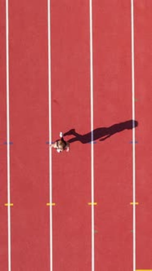 Top Down Aerial Of Young Woman Running On Red Stadium Track