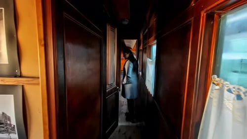 Une femme regarde à l'intérieur du compartiment de train à l'ancienne. Prise de vue