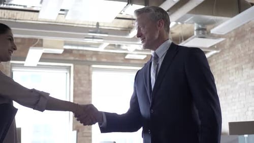 Business professionals shake hands after successful meeting in modern office