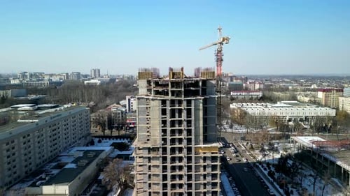 Construction of a high-rise apartment building in Bishkek city, drone rotation