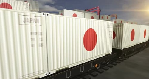 Japan export containers on cargo train wagons loop