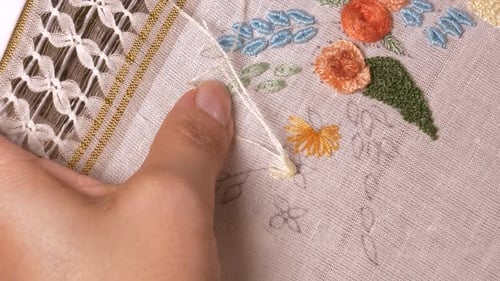 Stitching Floral Design with Needle and Thread