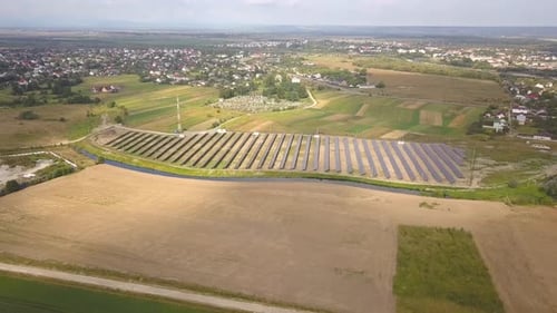 Aerial View of Solar Power Plant Electric Panels for Producing Clean Ecologic Energy