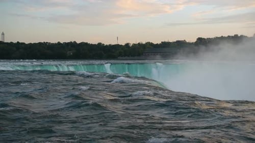 Edge of Niagara Falls Waterfall, Water Cascading Aerial View Above