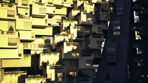 Wiederholte Elemente und strukturierte Oberflächen an sonnenbeschienenen Gebäudefassaden