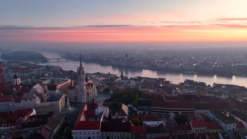 Budapest, Hungary, flying over the famous Fisherman's Bastion and Matthias church towards the Danube