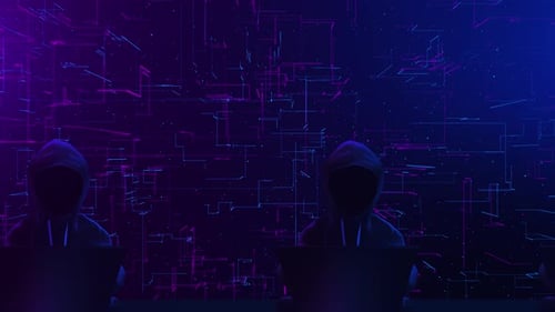 Anonymous Hackers Operating Laptops in Futuristic Digital Network