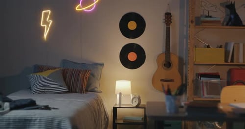 Well-Decorated Teenager's Bedroom Interior at Night
