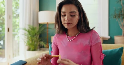 Woman Enjoying French Fries at Home, Close Up