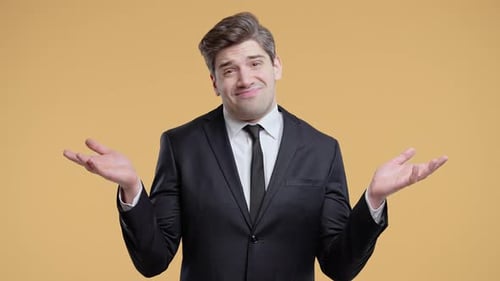Businessman Shrugs Shoulders Showing Uncertainty Confusion Dilemma Hesitation