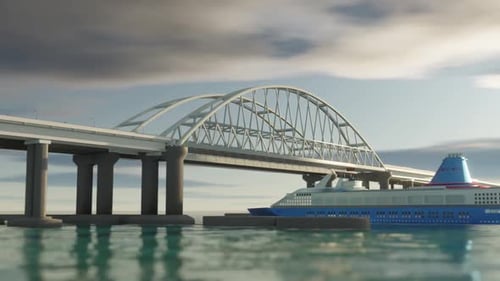 Bateau de croisière près d'un pont moderne sur des eaux calmes
