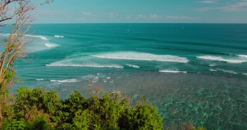 Wide Ocean Waves Rush to the Shore in Summer Sunny Day Green Bowl Beach Bali Island