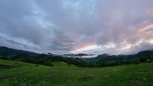 Rural Carpathian Landscapeforest and Mountains Shrouded in Clouds and Fogdusk or Morningwide Shot