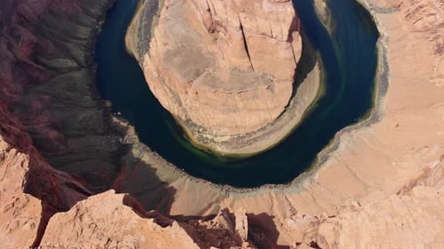 A high-flying drone shot over Horseshoe Bend, the “east rim of the Grand Canyon”, located near the t
