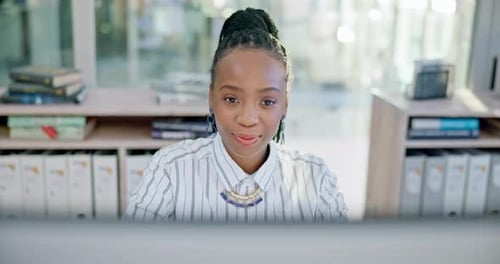 Business, black woman and smile at computer in office for planning online report