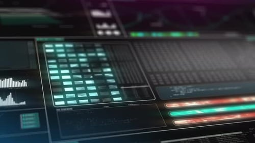 Analytics dashboard with glowing data panels and dynamic charts, representing high tech monitoring