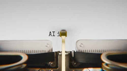 Old mechanical typewriter typing Ai In Society in a close-up view.
