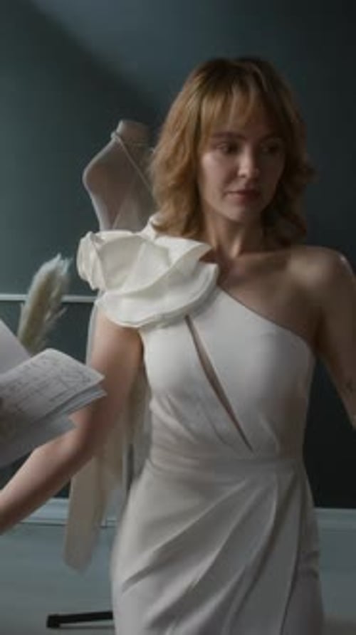 Vertical de duas costureiras tomando medidas para o vestido de noiva