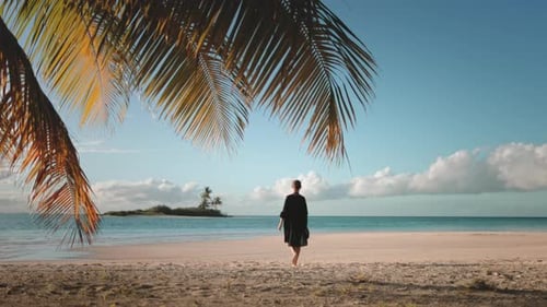Young Woman Walking on Tropical Beach at Sunset Under Palm Trees