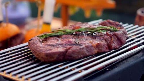 Tasty Filet of Beef Roasts on Grill with Juicy Meat and Spices