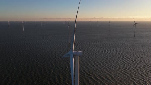 Aerial view of wind turbines in the sea, Netherlands.