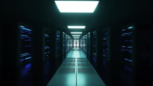 Servidores de dados e de rede com luzes azuis atrás de painéis de vidro entram