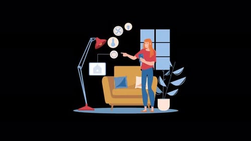 Animated Woman Controls Smart Home Devices with Phone
