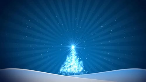 Sparkling Christmas Tree Background with Falling Snow and Light Rays